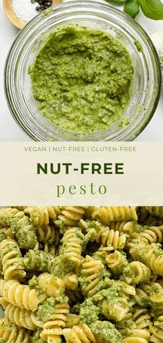 vegan nut - free pesto pasta recipe in a glass bowl