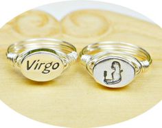 Virgo Ring- Your Choice of Virgo Word or Zodiac Symbol Sterling Silver Filled Wire Wrap Ring-Size 4, 5, 6, 7, 8, 9, 10, 11, 12, 13,14 Virgo Ring, Zodiac Rings, Wire Wrapped Ring, Zodiac Symbols, Virgo Zodiac, Hand Stamped Jewelry, Argentium Silver, Wire Wrapped Rings, Silver Bead