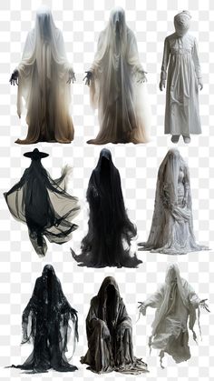 six different types of ghost costumes, including one with long hair and wearing a cloak