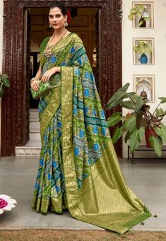 Digital Printed Tussar Silk Saree in Olive Green Indian Party, Indian Party Wear, Green Dresses, Tussar Silk Saree, Fancy Party