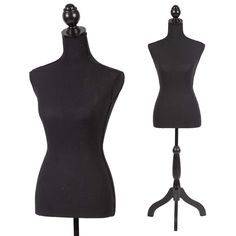 a black mannequin on a stand next to it's head and neck