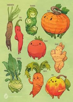 an illustration of vegetables with faces drawn on them, including carrots and radishes