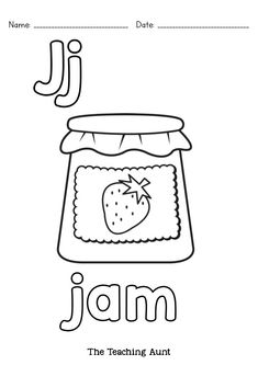 the letter j is for jam coloring page with an image of a strawberry in a jar