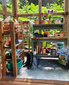 an outdoor garden area with potted plants and gardening equipment on the ground, in front of a wooden structure