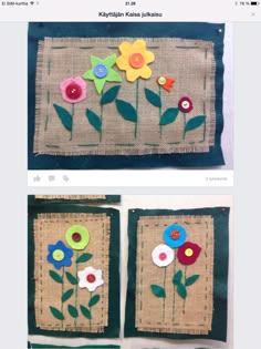 two pictures of flowers on burlocks with buttons