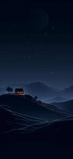 a house on a hill at night with the moon in the sky and stars above