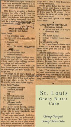 an old newspaper article with the title st louis gooey butter cake written on it