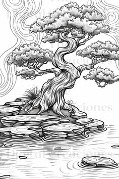 an ink drawing of a bonsai tree on top of rocks in the middle of water