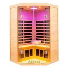 a sauna is shown with the lights on and it's doors open to show the inside