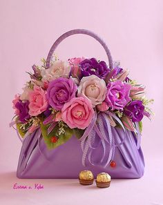 a purple bag filled with lots of flowers