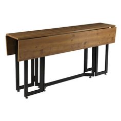 a wooden table with two metal legs and a shelf on the top that is open