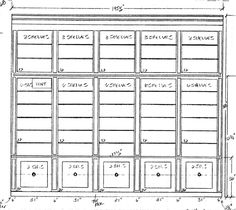 a drawing of a cabinet with drawers and numbers on the front, and measurements for each drawer