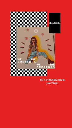 an image of a woman sitting on top of a checkered red cover with the words creation creators