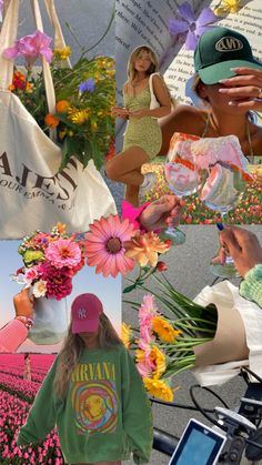 a collage of photos with flowers and people