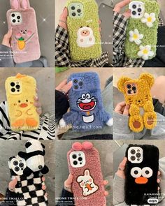 many different cell phones with cartoon characters on the covers and in their cases, all made out of knitted material