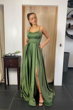 Sexy Spaghetti Straps Backless Ruffles Side Split A-Line Prom Dress With Pockets | Babyonlinedress UK Green Prom Dress Long, Simple Prom Dress Long, Prom Dresses With Pockets, Spaghetti Strap Prom Dress, Custom Prom Dress, Gown Plus Size, Prom Dresses Sleeveless, Prom Dresses Online, Green Prom Dress