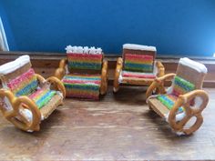 three miniature chairs made out of candy and marshmallows