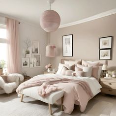 a bedroom with pink and white decor in the corner, including a bed that has a fluffy blanket on it