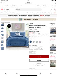 the macy's website is shown with blue bedding and pillows