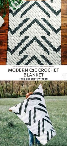 the modern crochet blanket pattern is shown in two different colors and sizes, including black