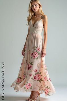 Olivia Mark - Elegant Blush Floral Maxi Dress with Lace and Satin Details Flowy Peach Maxi Dress For Wedding, Spring Blush Maxi Dress For Wedding, Blush Maxi Dress For Spring Wedding, Blush V-neck Maxi Dress For Wedding, Spring Wedding Blush Maxi Dress, Spring Peach Maxi Dress For Bridesmaids, Peach Maxi Dress For Bridesmaids In Spring, Flowy Peach Dress For Wedding, Blush Summer Wedding Dress