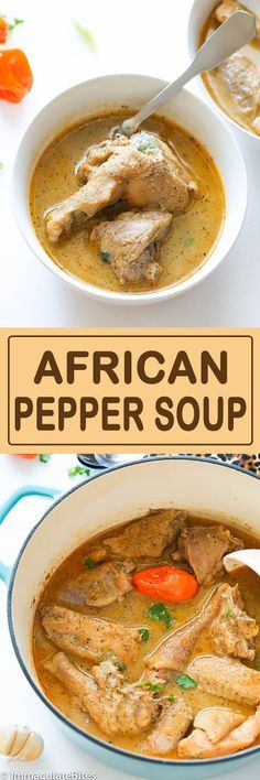 african pepper soup with chicken and carrots in a white bowl