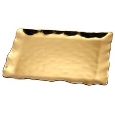 a gold rectangular tray with scalloped edges and black rims on an isolated white background