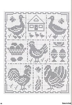 a cross stitch pattern with chickens, flowers and houses in the middle is featured on this page