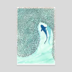 a painting of a man swimming in the ocean surrounded by school of fish art print