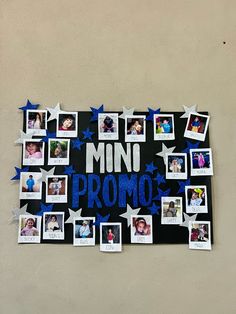 a bulletin board that has photos on it with the words mini prom written in blue