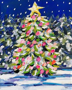 a painting of a christmas tree in the snow with a star on it's top