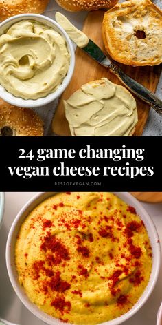 some food that is on top of a cutting board with the words 24 game changing vegan cheese recipes