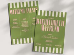 two green and white striped wedding programs on top of each other, with the words bachelor weekend written in pink