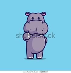 a cartoon hippo is standing with his arms crossed and looking at the camera, on a blue background