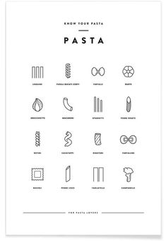 a poster with the words pasta written in black and white, on a white background