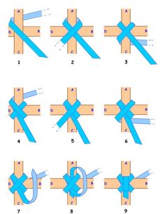 the instructions for how to make an origami cross with blue ribbon and scissors