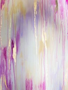 an abstract painting with gold, purple and white paint streaks on the wall in front of it