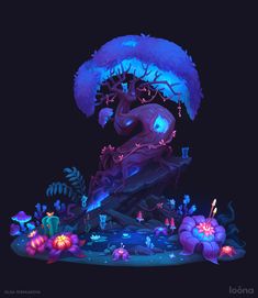 an illustration of a tree with blue lights in the middle and purple flowers around it