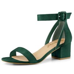 These high heels features an open toe with the ankle straps, and heels with suede covering ends. They are finished with the buckle closure, which makes them easy to wear on and off. They are easy to be paired with jeans or a skirt for a casual look and great for both going out and going to work. Evening Heels, Green Heels, Womens Chunky Heels, Low Heel Sandals, Chunky Heels Sandals, Open Toe Shoes, Prom Shoes, Shoes Heels Pumps, Fashion Sandals