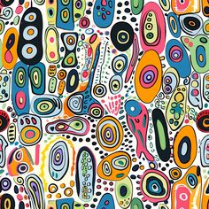 an abstract painting with lots of different colors and shapes on white paper, including circles