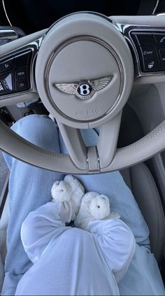 the interior of a car with two stuffed animals in it's center console and steering wheel