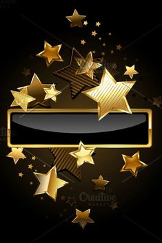 gold stars on black background with an empty signboard for your text or image in the center