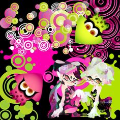 two cartoon characters sitting next to each other on a black background with circles and swirls