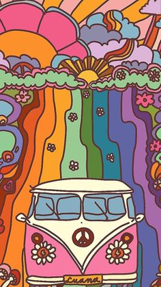 a van parked in front of a rainbow sky with clouds and sunflowers on it