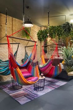 two hammocks hanging from the ceiling in a room with potted plants and rugs