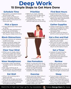 a woman sitting at a desk working on her laptop with the text deep work 15 simple steps to get more done