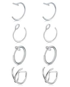 four pairs of hoop earrings with curved ends and small hooks on each side, all in silver