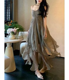 Spaghetti Strap Plain Asymmetrical Ruffle Trim Midi A Size S M L XL Total Length Bust Lining Length 121 68-84 77 122 70-88 78 123 72-92 79 124 74-96 80 measurement is cm.Product Information Material: 100% Polyester Color: Light Khaki Resort Chic, Elegant Midi Dresses, Beach Wear Outfits, Grey Maxi Dress, American People, Vacation Dresses, Dress Picture, Summer Maxi Dress, Pleated Dress