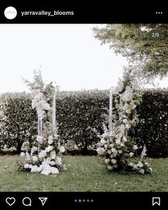 an outdoor ceremony setup with white flowers and greenery on the ground, surrounded by hedges