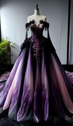 Black Wedding Gowns, Magical Dress, Purple Wedding Dress, Clothing Aesthetic, Fashion Drawing Dresses, Dress Design Sketches, Prom Dress Inspiration, Fantasy Gowns, Pretty Prom Dresses